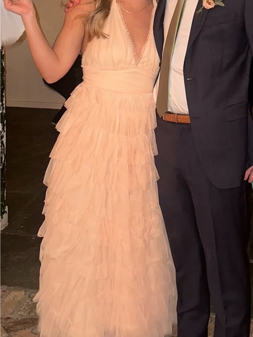 Vici Peach Tiered Tulle V-Neck Halter Maxi Dress